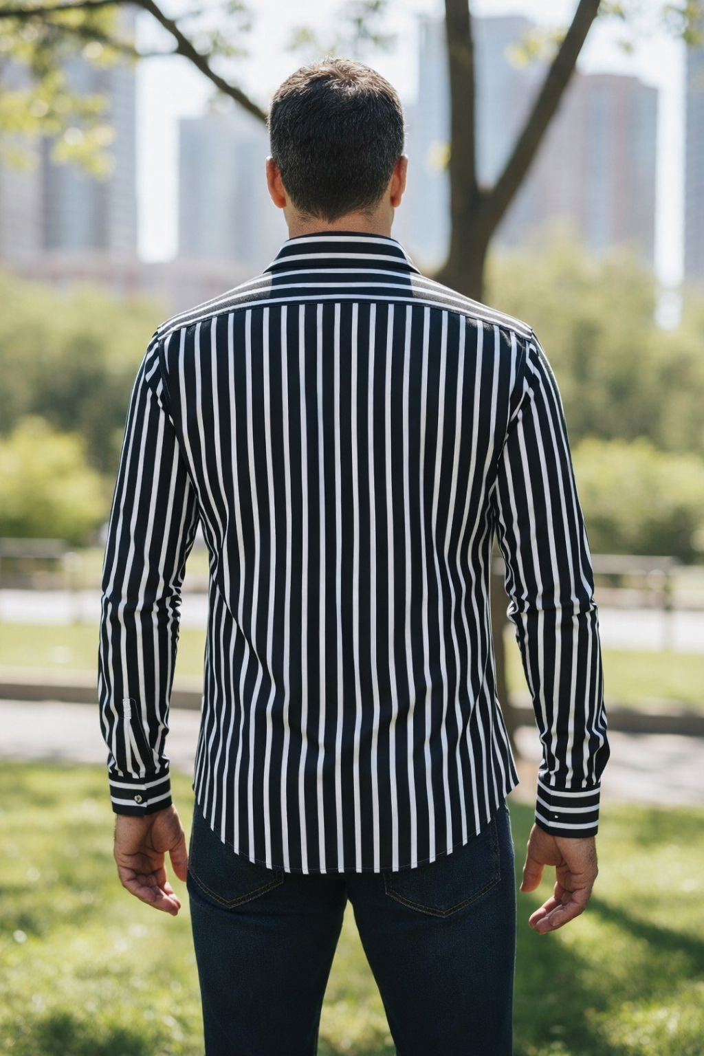Men’s Fashion Shirt – Vertical Stripe Design, Slim Fit, Long Sleeve Casual Style