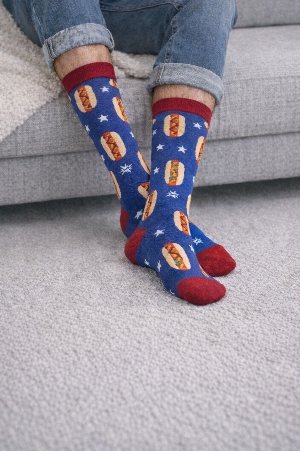 Men’s Foot Long Crew Socks, Fun Hot Dog Pattern Socks for Men, Colorful Novelty Socks, Soft & Comfortable Casual Dress Socks