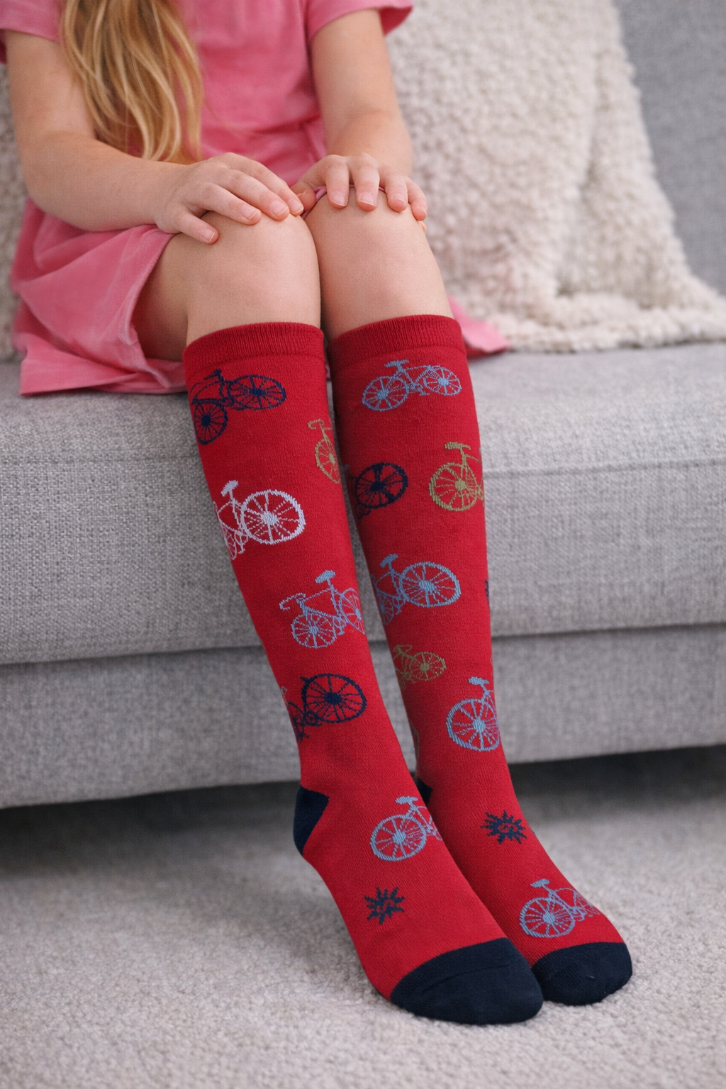 Girls Youth Knee High Socks, Cute Bicycle Pattern Knee-Length Socks for Kids, Soft & Comfortable Long Socks for Girls