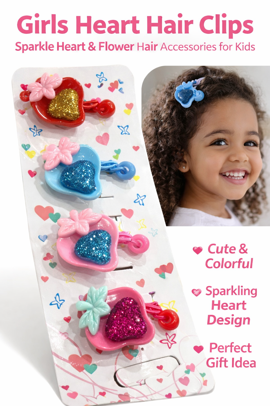 Girls Glitter Heart Hair Clips Set 6 PCS. – Colorful Sparkly Hair Accessories for Kids, Cute Flower & Heart Design