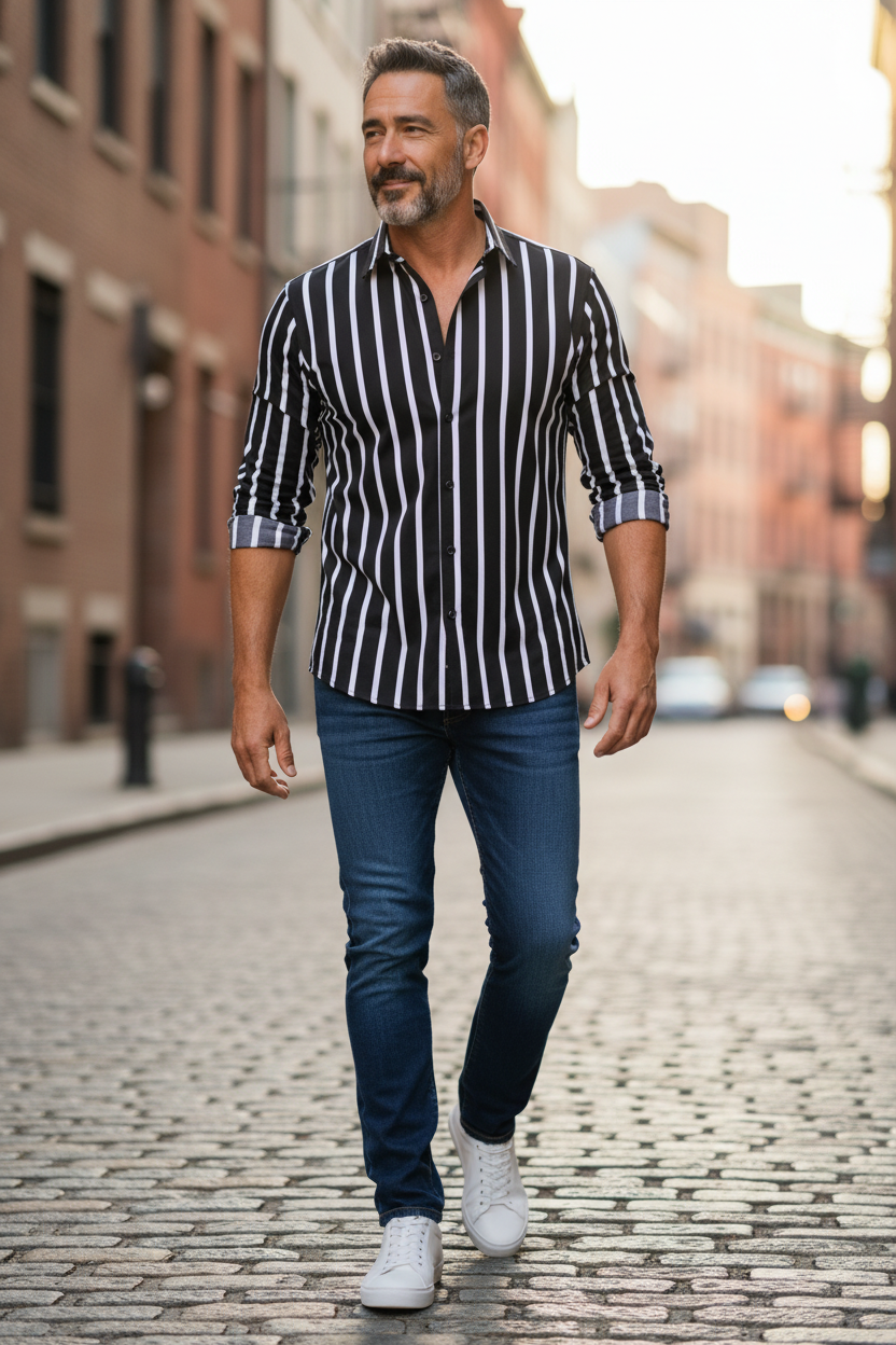 Men’s Fashion Shirt – Vertical Stripe Design, Slim Fit, Long Sleeve Casual Style
