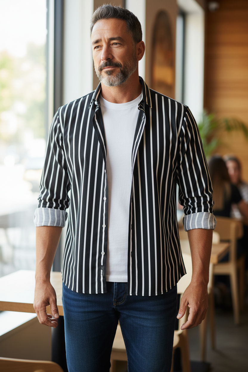 Men’s Fashion Shirt – Vertical Stripe Design, Slim Fit, Long Sleeve Casual Style