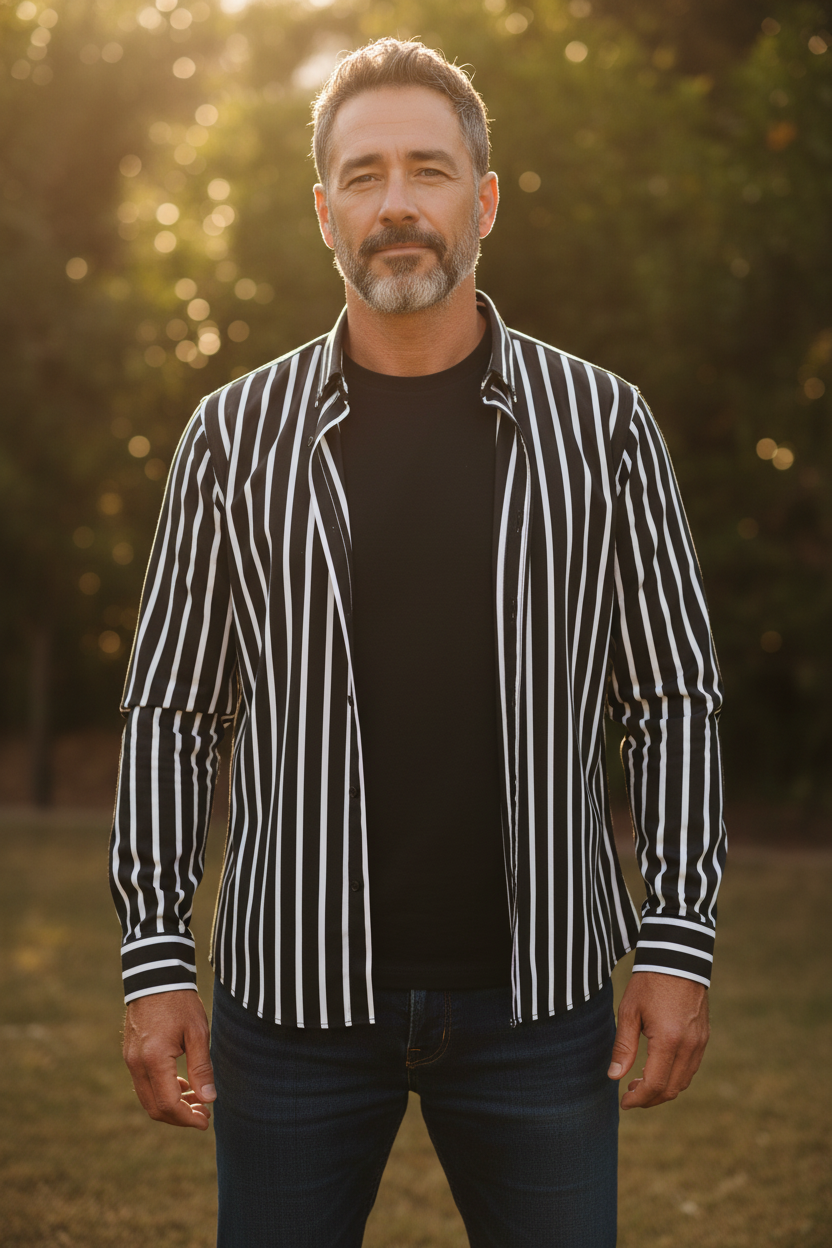 Men’s Fashion Shirt – Vertical Stripe Design, Slim Fit, Long Sleeve Casual Style