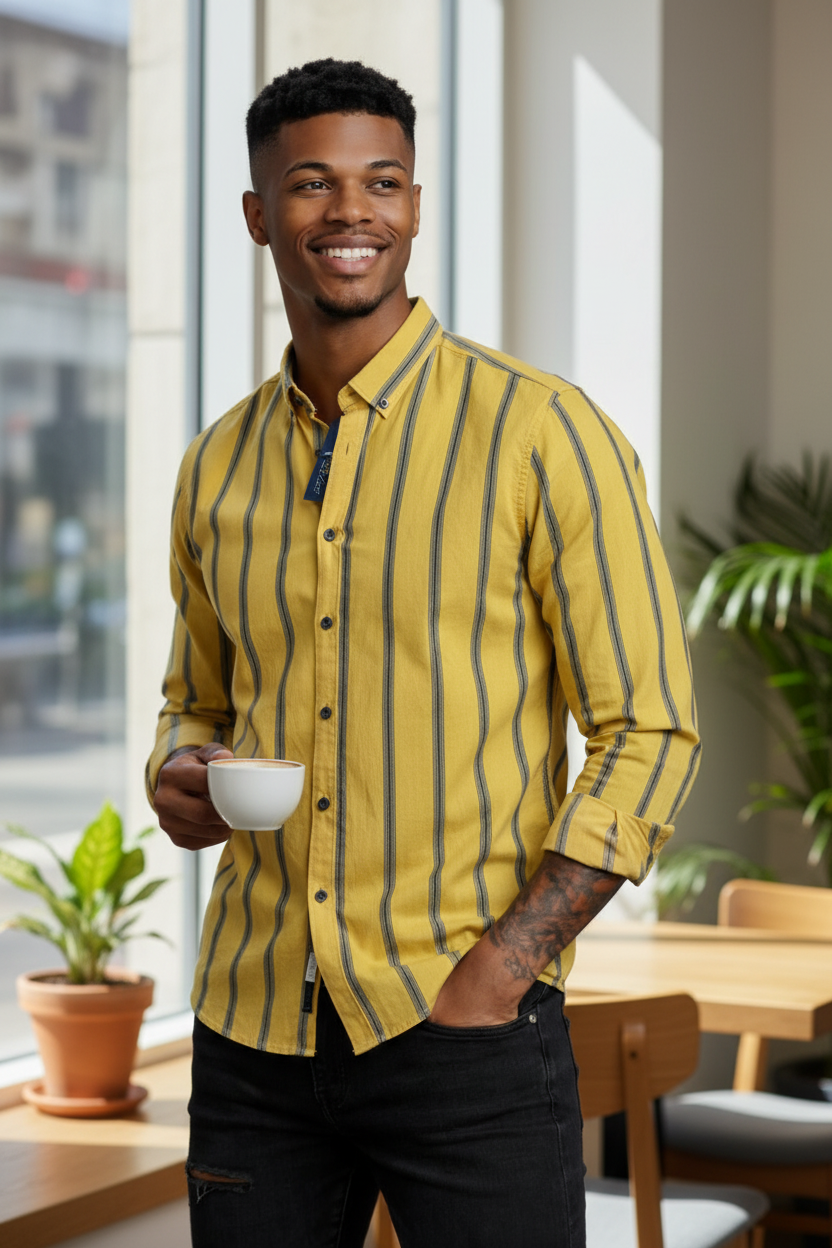 Men’s Fashion Shirt – Vertical Stripe Design, Slim Fit, Long Sleeve Casual Style