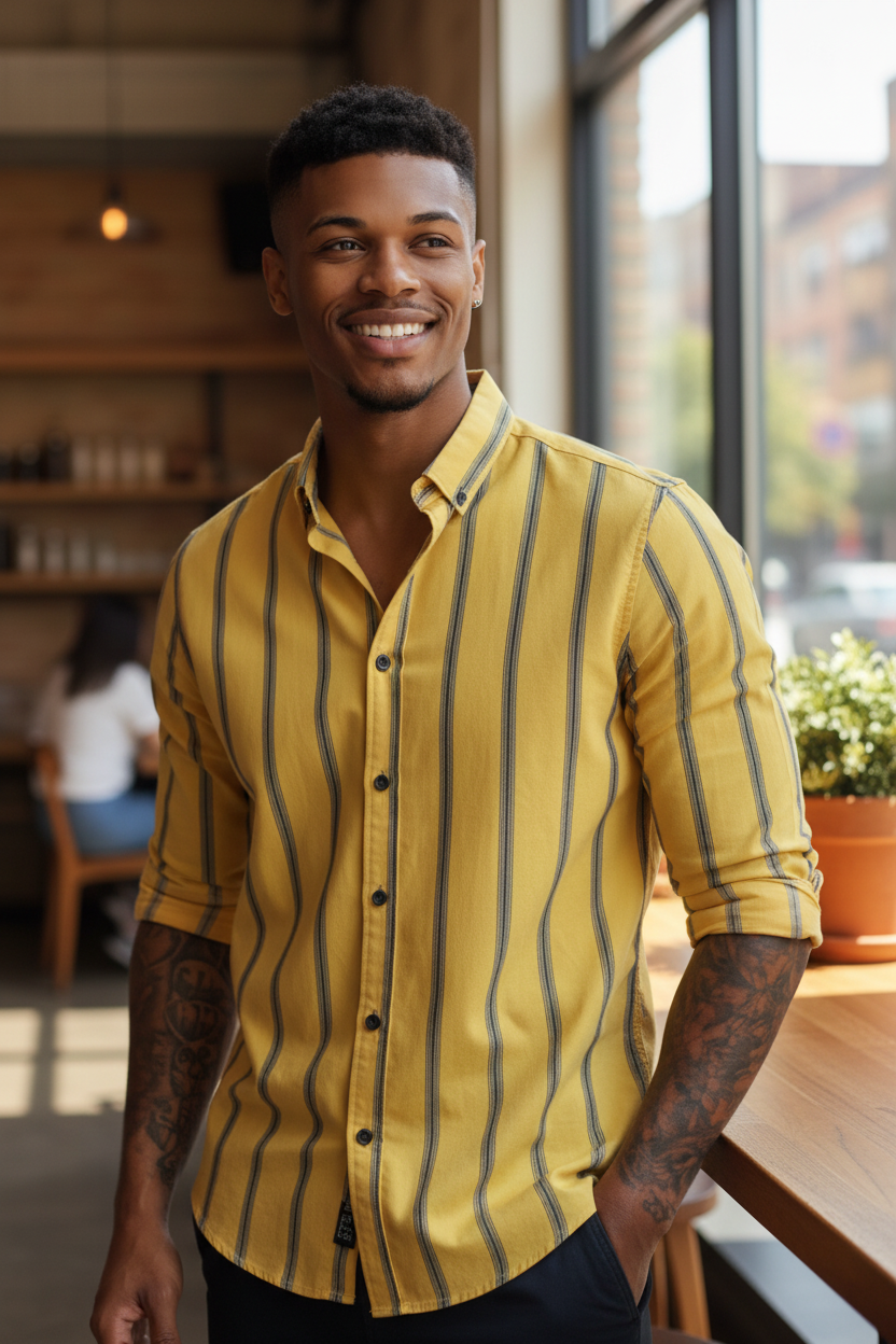 Men’s Fashion Shirt – Vertical Stripe Design, Slim Fit, Long Sleeve Casual Style