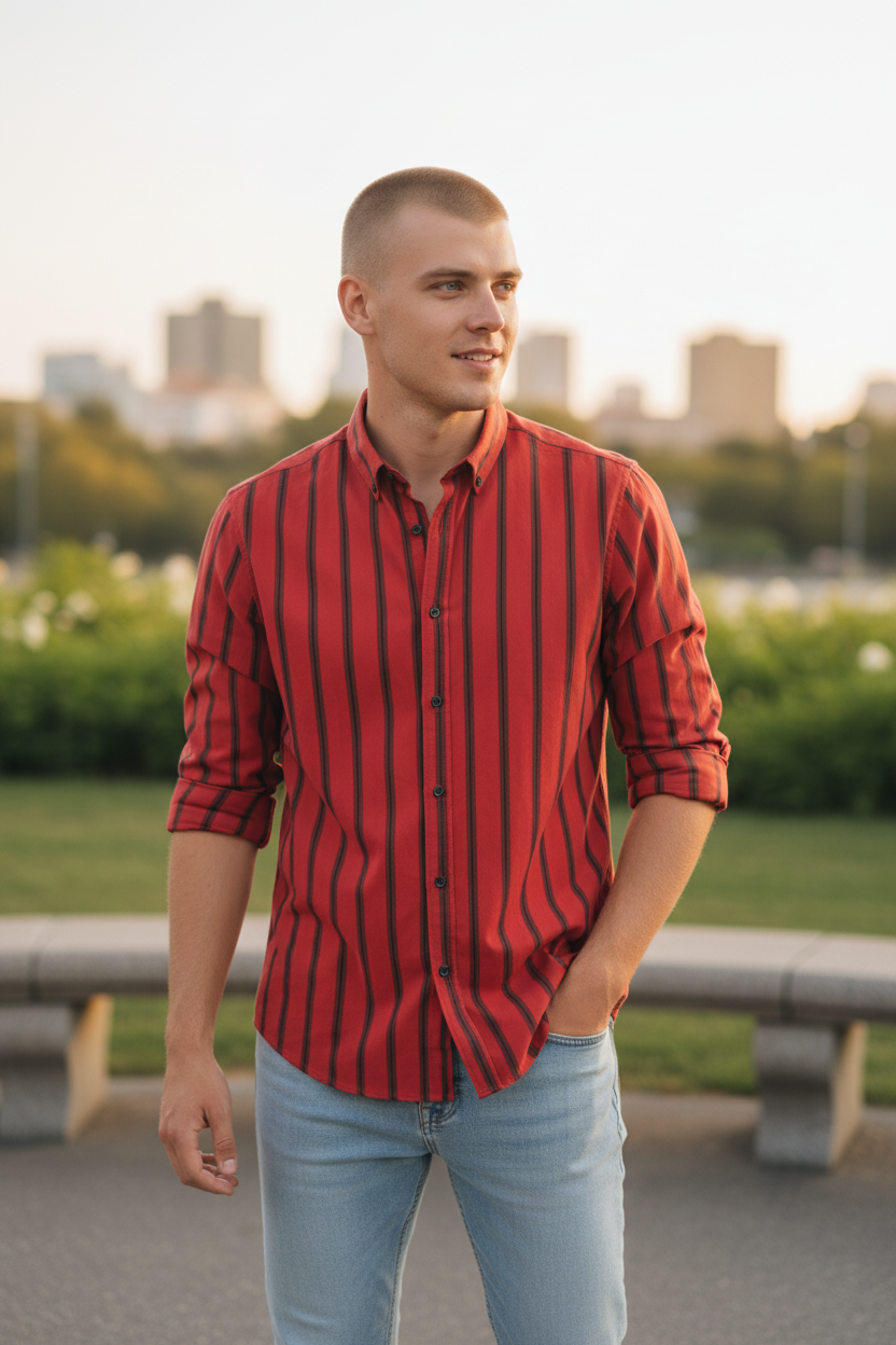 Men’s Fashion Shirt – Vertical Stripe Design, Slim Fit, Long Sleeve Casual Style