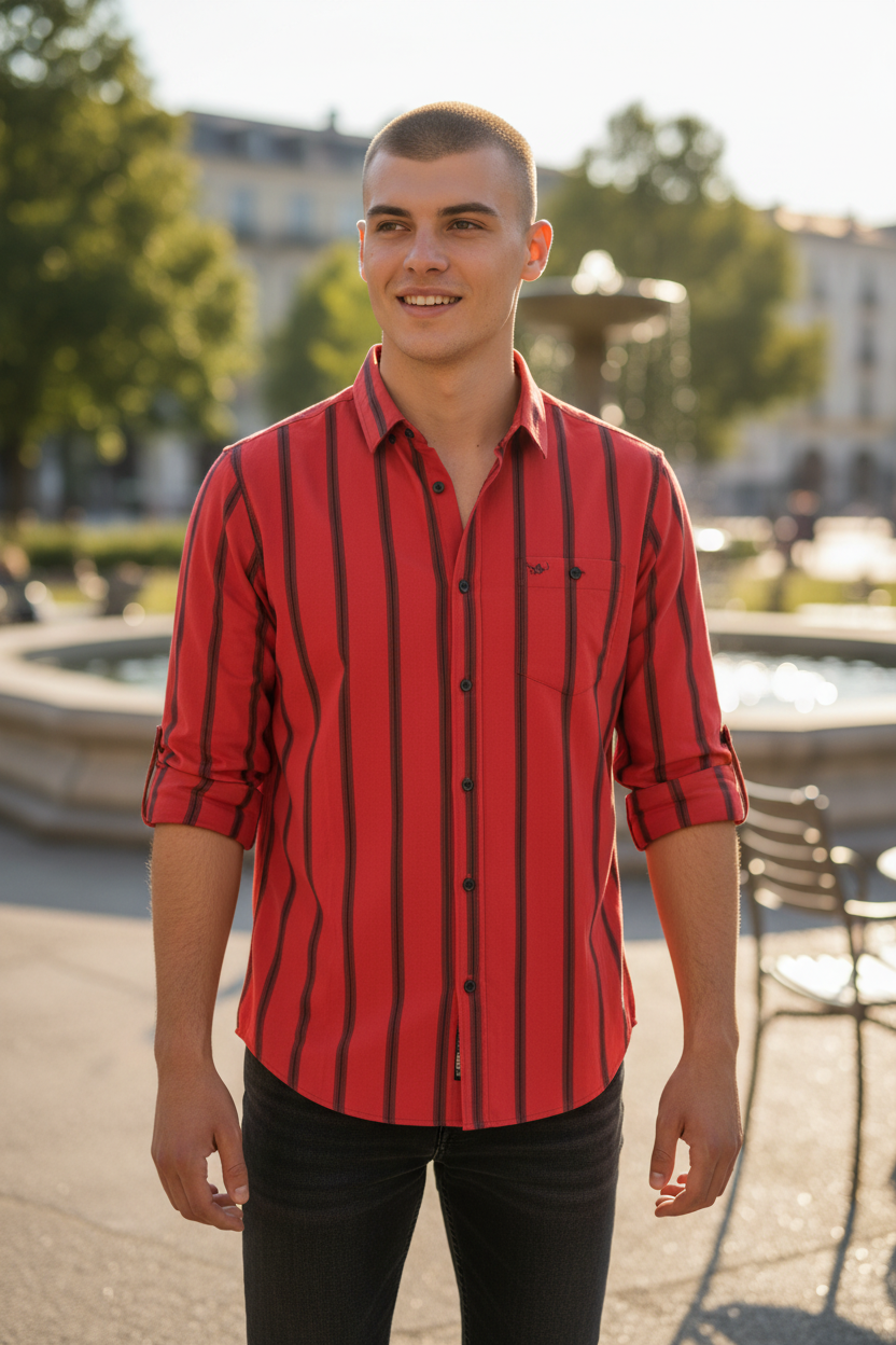 Men’s Fashion Shirt – Vertical Stripe Design, Slim Fit, Long Sleeve Casual Style