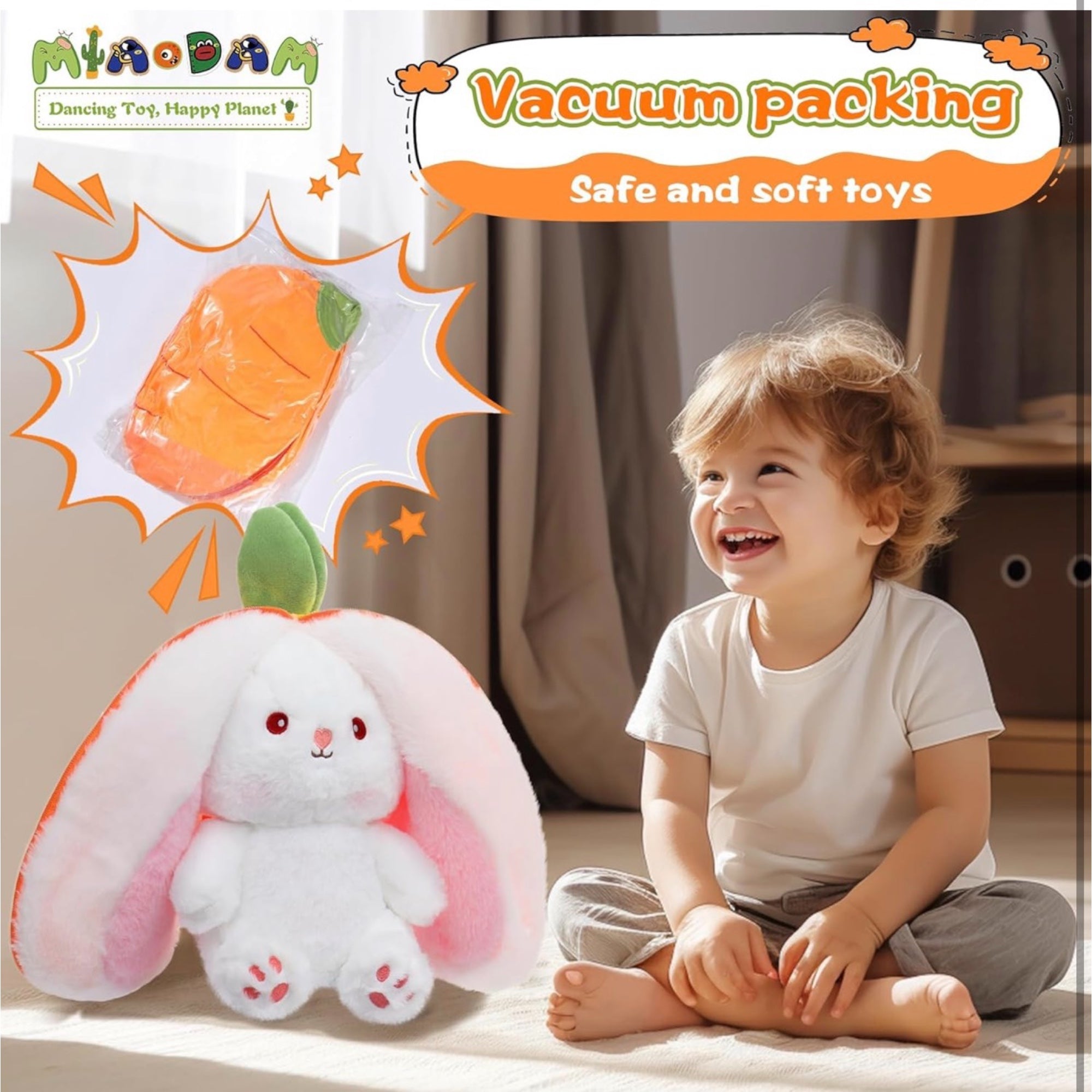 Reversible Carrot Bunny Plush Toy – 2-in-1 Flip Design Soft Stuffed Rabbit Doll, Cute Huggable Plush for Kids & Gifts, 10 Inch