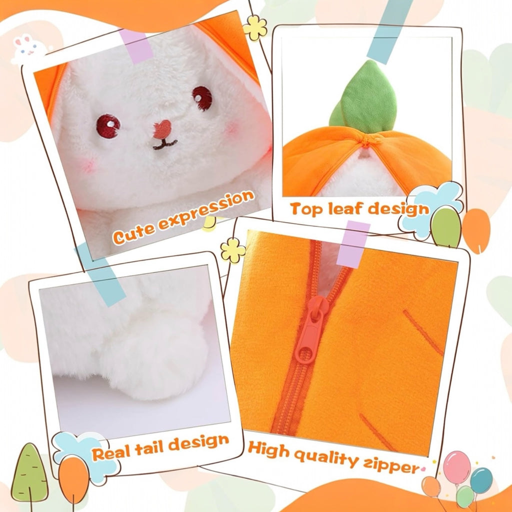 Reversible Carrot Bunny Plush Toy – 2-in-1 Flip Design Soft Stuffed Rabbit Doll, Cute Huggable Plush for Kids & Gifts, 10 Inch