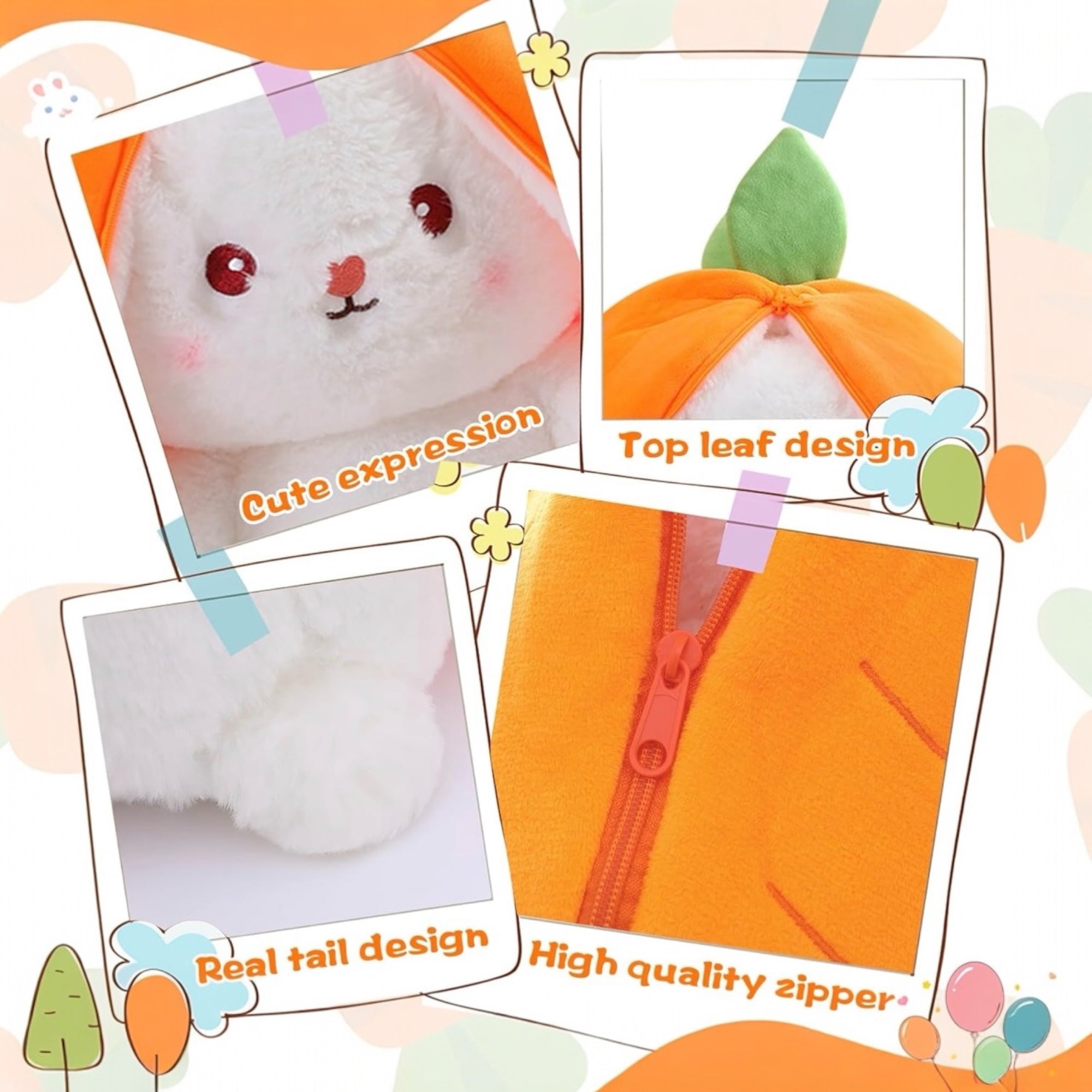 Reversible Carrot Bunny Plush Toy – 2-in-1 Flip Design Soft Stuffed Rabbit Doll, Cute Huggable Plush for Kids & Gifts, 10 Inch