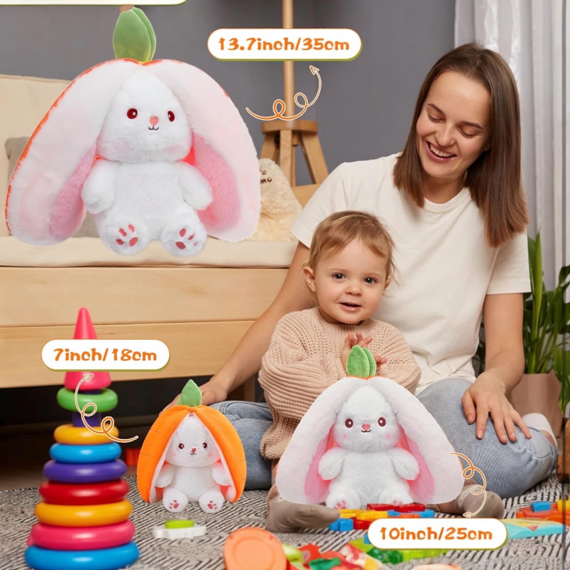 Reversible Carrot Bunny Plush Toy – 2-in-1 Flip Design Soft Stuffed Rabbit Doll, Cute Huggable Plush for Kids & Gifts, 10 Inch