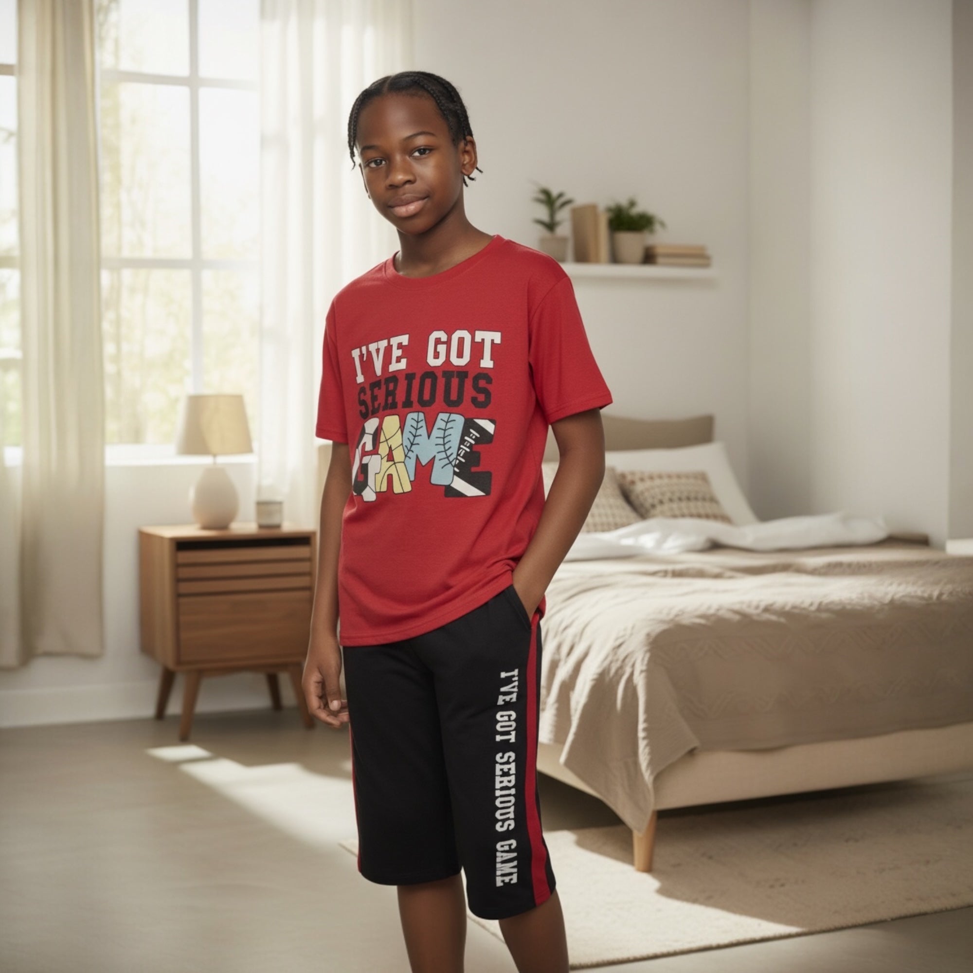 Boys 100% Cotton Pajama Set – Ultra Soft Breathable Kids Sleepwear – Short Sleeve Top & Long Pants – Comfortable Lightweight PJs for Toddler & Big Boys