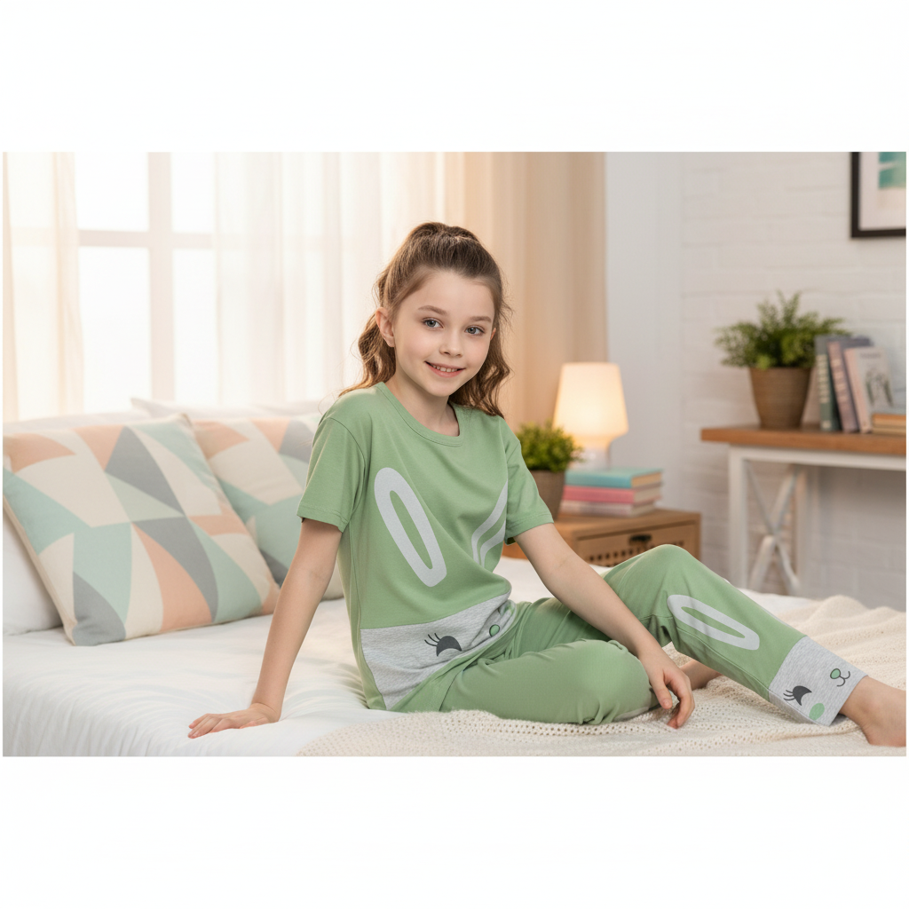 Girls Cotton Pajama Set – Ultra Soft & Breathable Kids Sleepwear – Short Sleeve Top & Long Pants – Lightweight Comfortable PJs for Toddler & Big Girls
