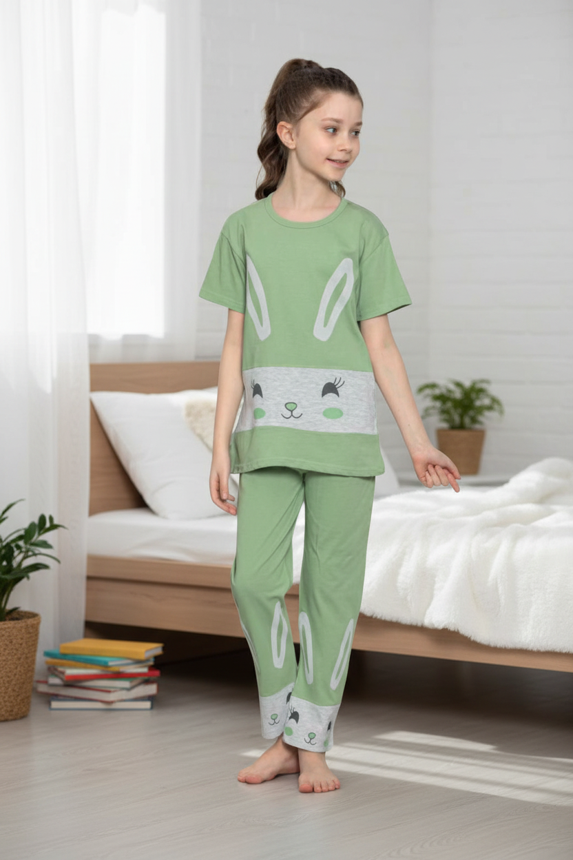 Girls Cotton Pajama Set – Ultra Soft & Breathable Kids Sleepwear – Short Sleeve Top & Long Pants – Lightweight Comfortable PJs for Toddler & Big Girls