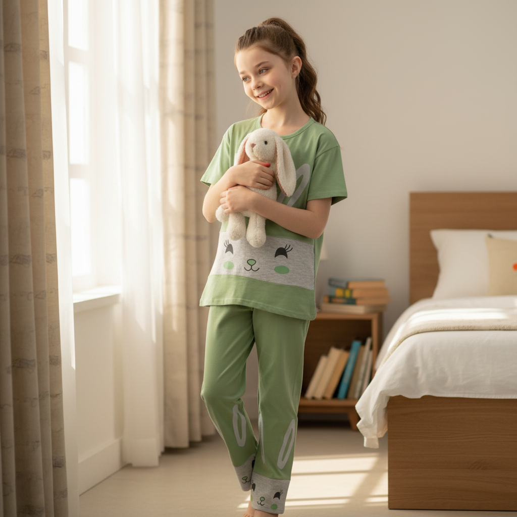 Girls Cotton Pajama Set – Ultra Soft & Breathable Kids Sleepwear – Short Sleeve Top & Long Pants – Lightweight Comfortable PJs for Toddler & Big Girls
