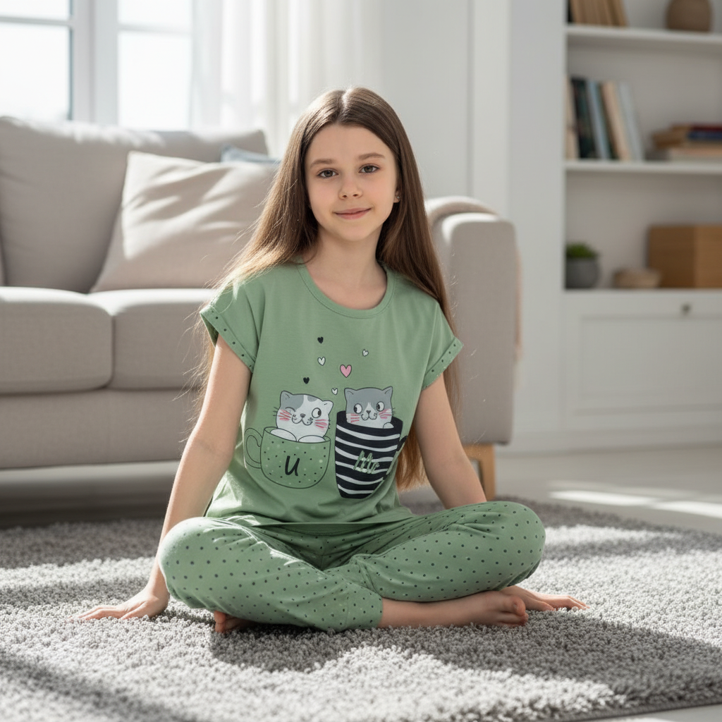 Girls 100% Cotton Pajama Set – Ultra Soft & Breathable Kids Sleepwear – Short Sleeve Top & Long Pants – Lightweight Comfortable PJs for Toddler & Big Girls