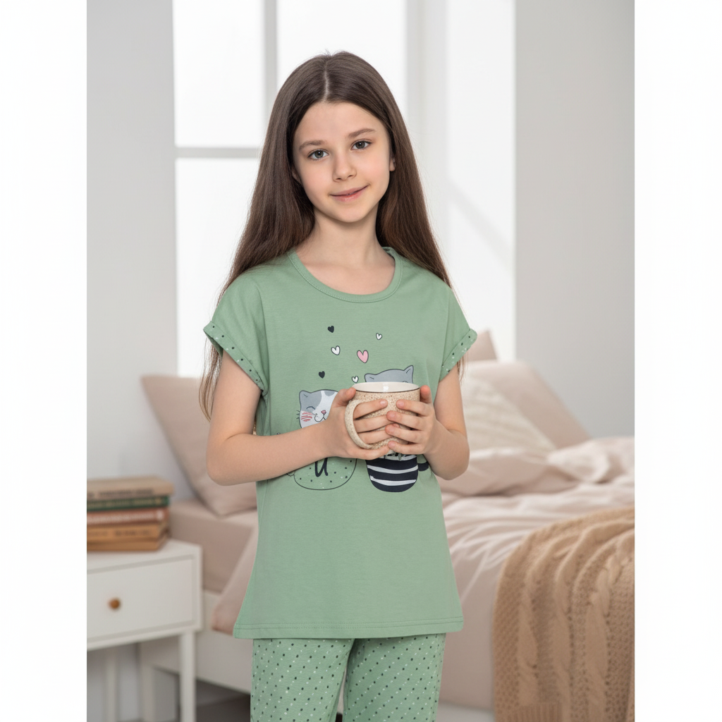 Girls 100% Cotton Pajama Set – Ultra Soft & Breathable Kids Sleepwear – Short Sleeve Top & Long Pants – Lightweight Comfortable PJs for Toddler & Big Girls