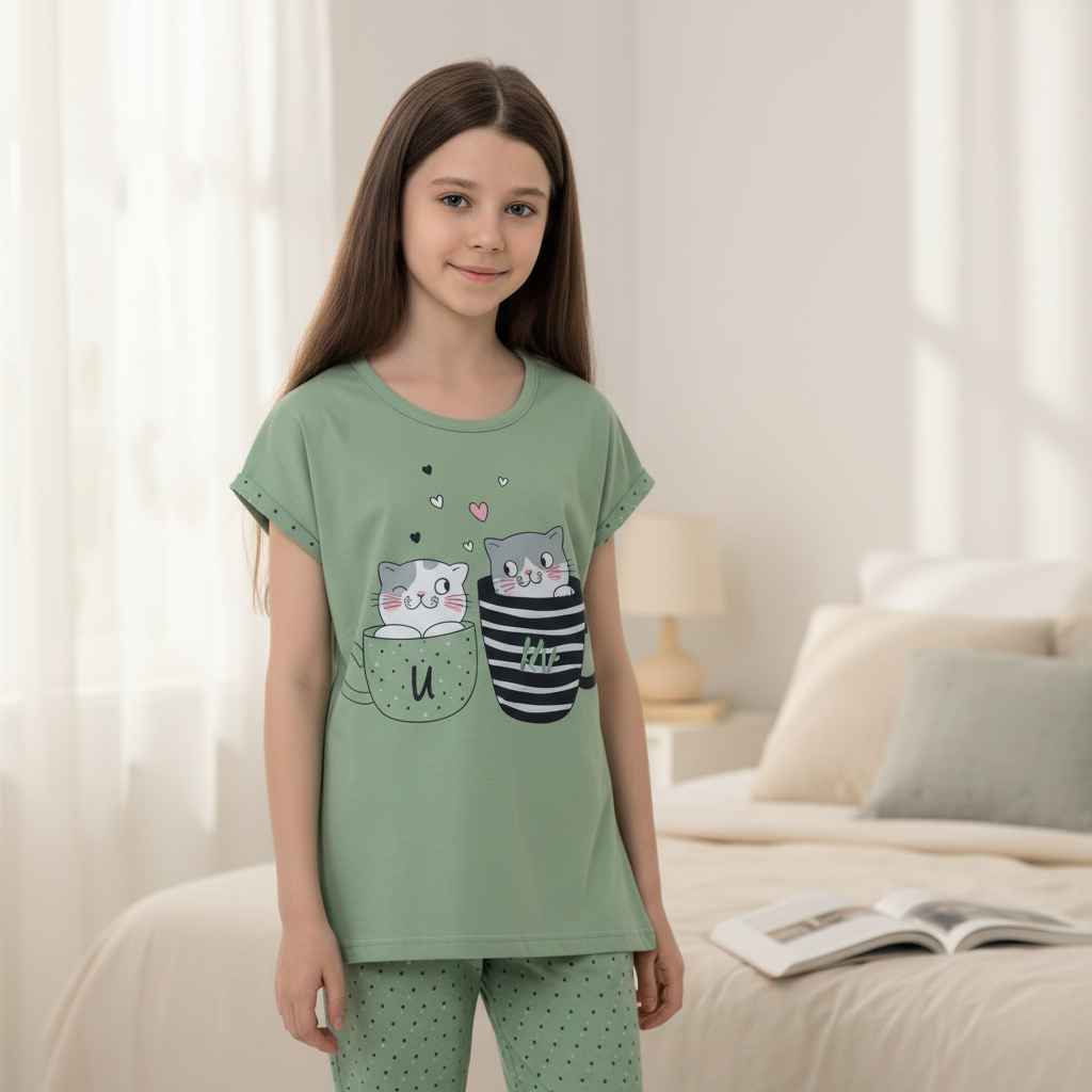 Girls 100% Cotton Pajama Set – Ultra Soft & Breathable Kids Sleepwear – Short Sleeve Top & Long Pants – Lightweight Comfortable PJs for Toddler & Big Girls