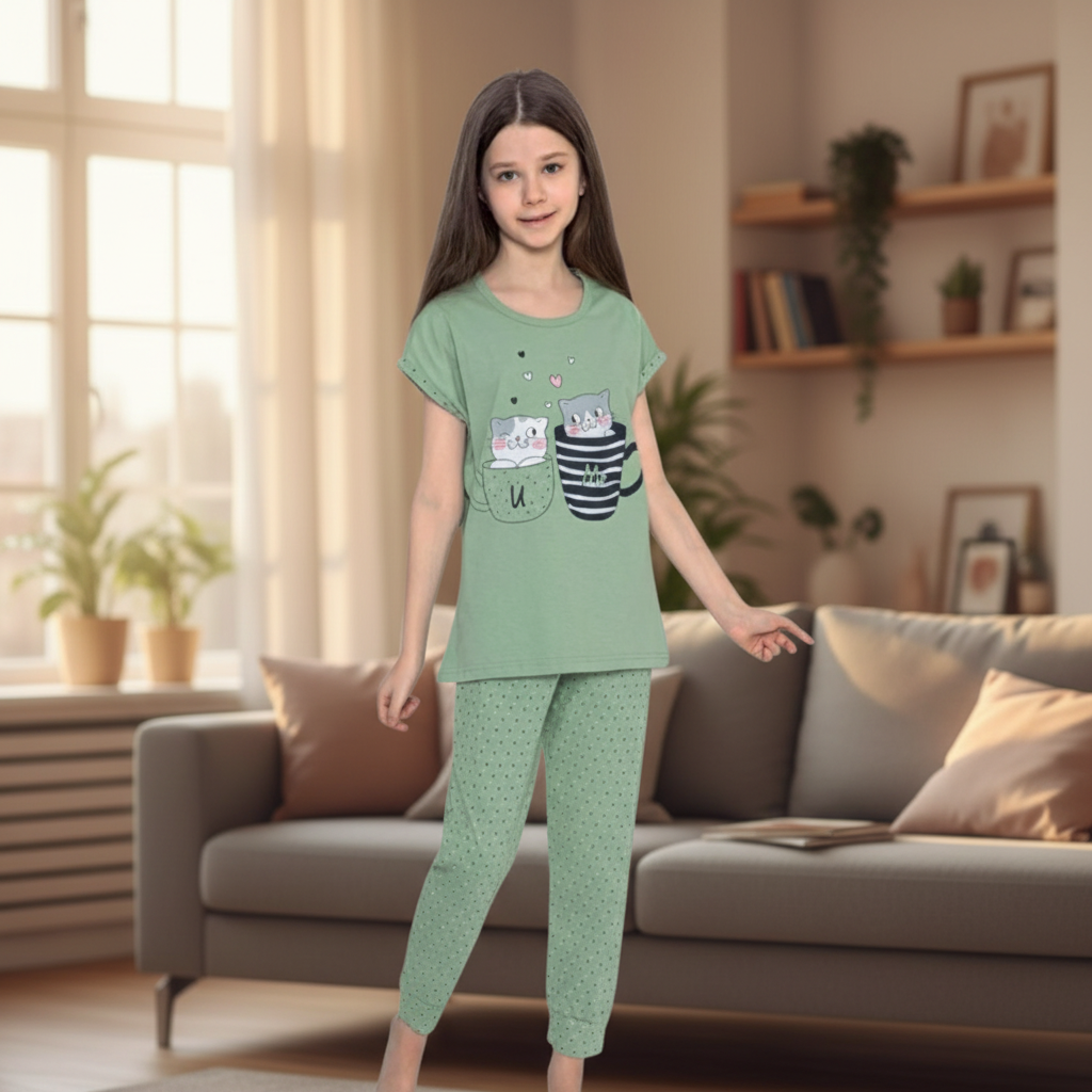 Girls 100% Cotton Pajama Set – Ultra Soft & Breathable Kids Sleepwear – Short Sleeve Top & Long Pants – Lightweight Comfortable PJs for Toddler & Big Girls