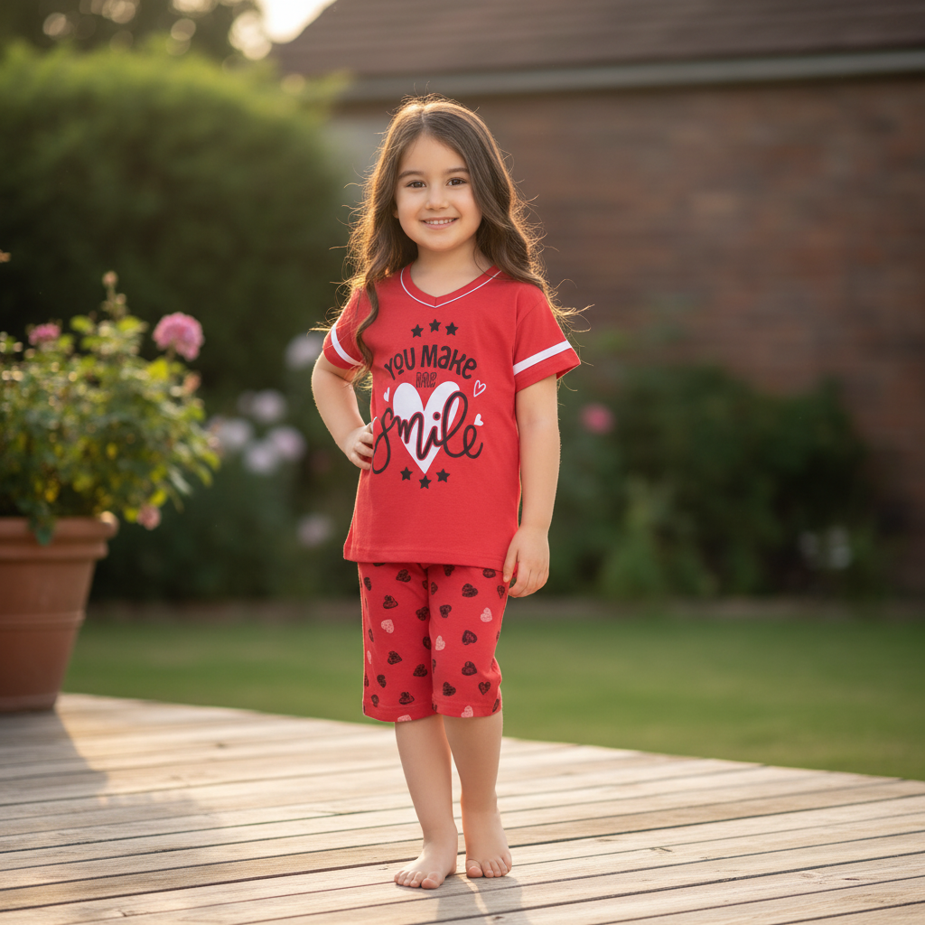 Girls 100% Cotton Pajama Set – Ultra Soft & Breathable Kids Sleepwear – Short Sleeve Top & Long Pants – Lightweight Comfortable PJs for Toddler & Big Girls
