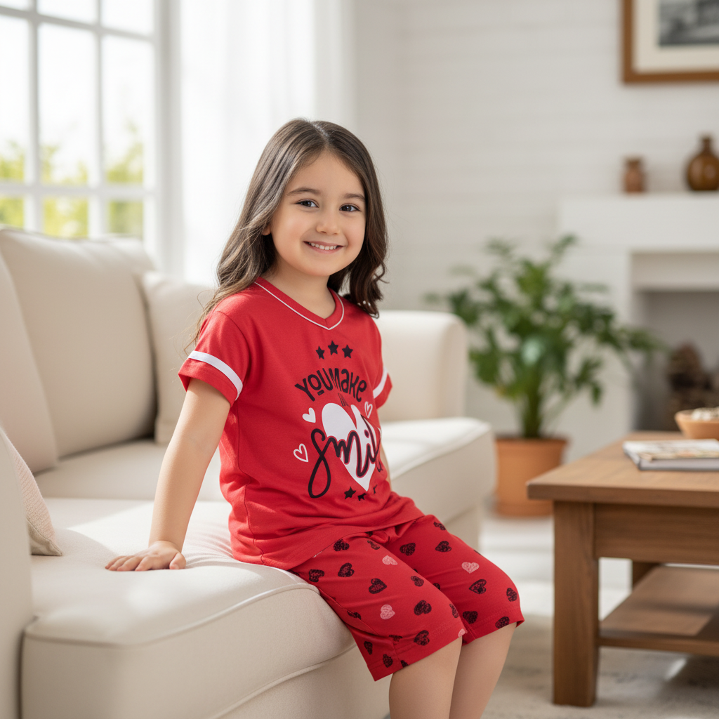 Girls 100% Cotton Pajama Set – Ultra Soft & Breathable Kids Sleepwear – Short Sleeve Top & Long Pants – Lightweight Comfortable PJs for Toddler & Big Girls