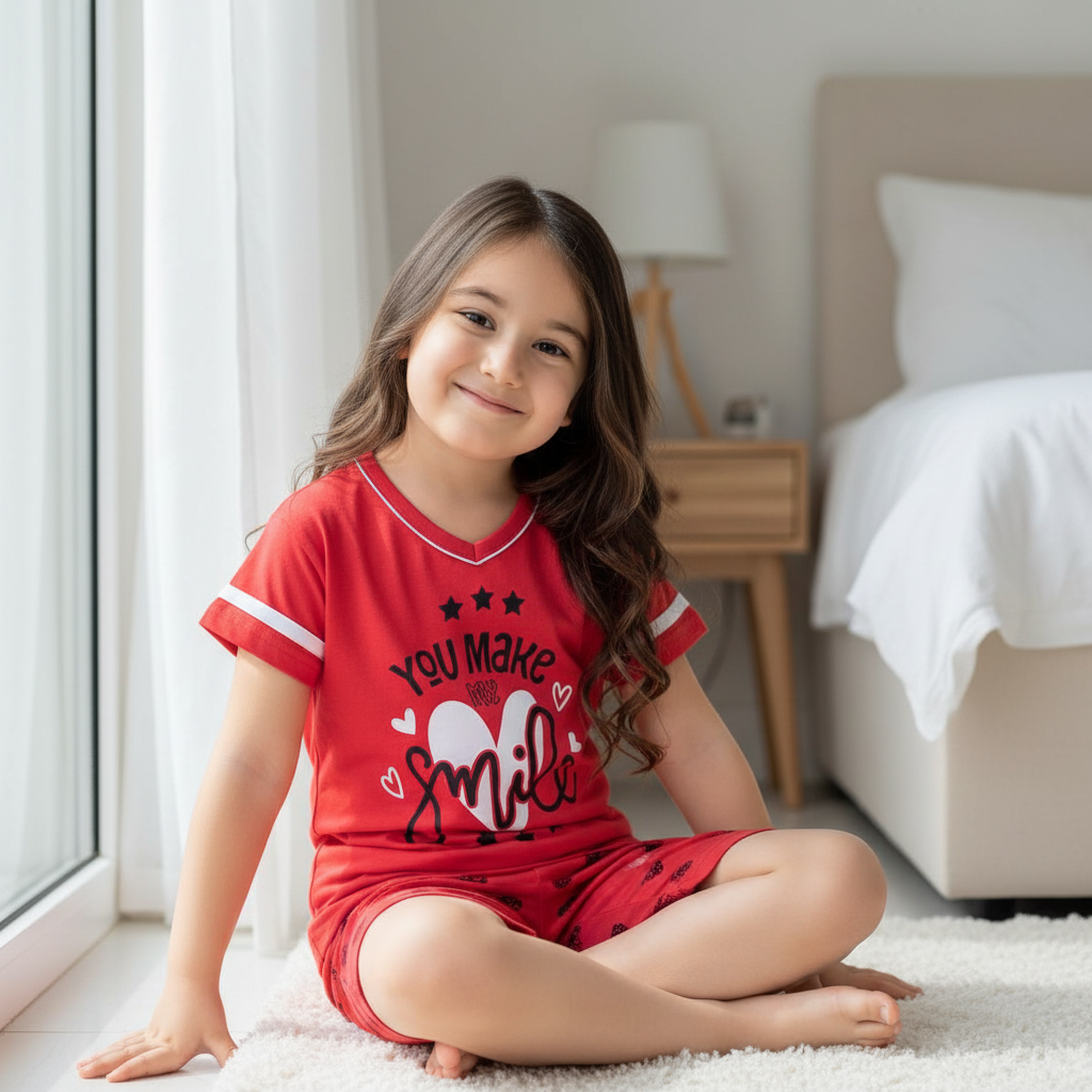 Girls 100% Cotton Pajama Set – Ultra Soft & Breathable Kids Sleepwear – Short Sleeve Top & Long Pants – Lightweight Comfortable PJs for Toddler & Big Girls