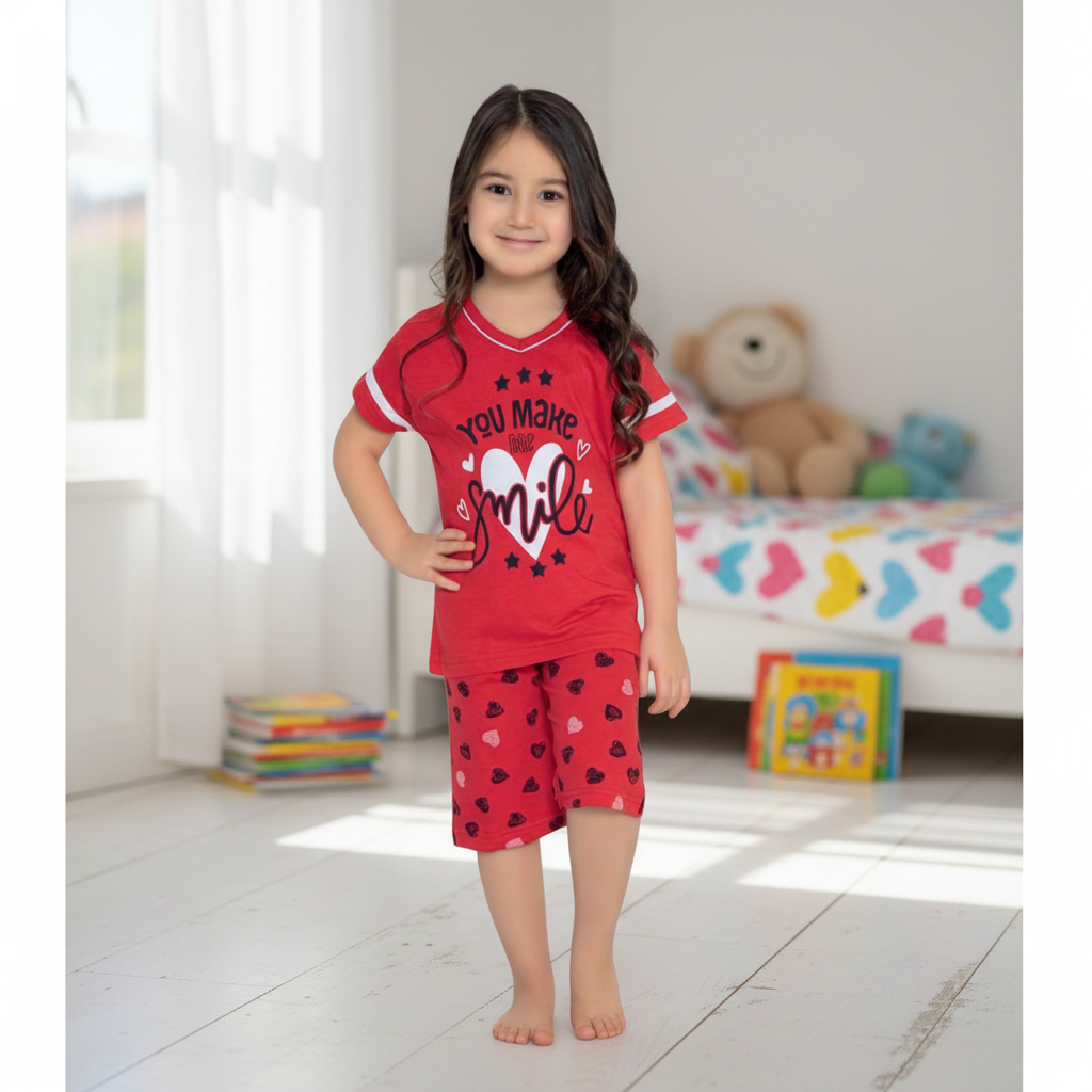 Girls 100% Cotton Pajama Set – Ultra Soft & Breathable Kids Sleepwear – Short Sleeve Top & Long Pants – Lightweight Comfortable PJs for Toddler & Big Girls