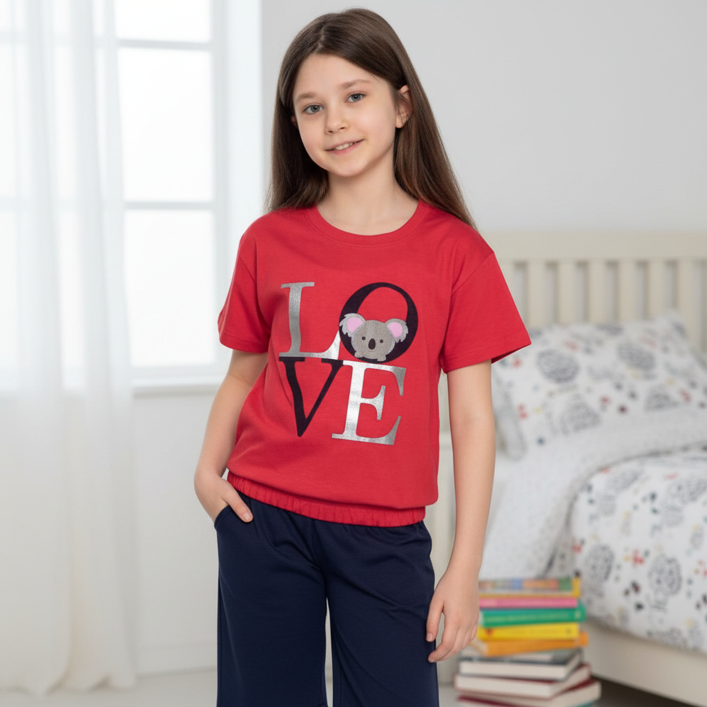 Girls 100% Cotton Pajama Set – Ultra Soft &amp; Breathable Kids Sleepwear – Short Sleeve Top &amp; Long Pants – Lightweight Comfortable PJs for Toddler &amp; Big Girls
