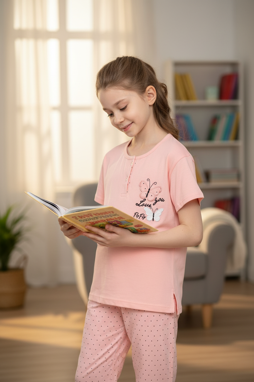 Girls 100% Cotton Pajama Set – Ultra Soft & Breathable Kids Sleepwear – Short Sleeve Top & Long Pants – Lightweight Comfortable PJs for Toddler & Big Girls