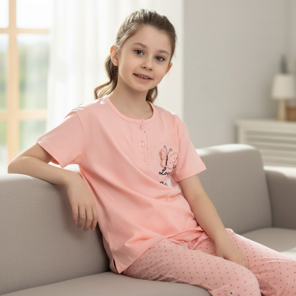 Girls 100% Cotton Pajama Set – Ultra Soft & Breathable Kids Sleepwear – Short Sleeve Top & Long Pants – Lightweight Comfortable PJs for Toddler & Big Girls