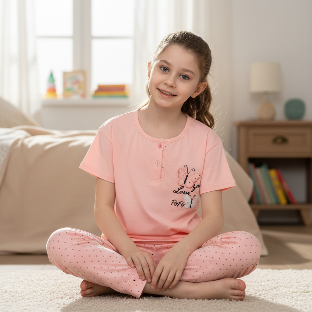Girls 100% Cotton Pajama Set – Ultra Soft & Breathable Kids Sleepwear – Short Sleeve Top & Long Pants – Lightweight Comfortable PJs for Toddler & Big Girls