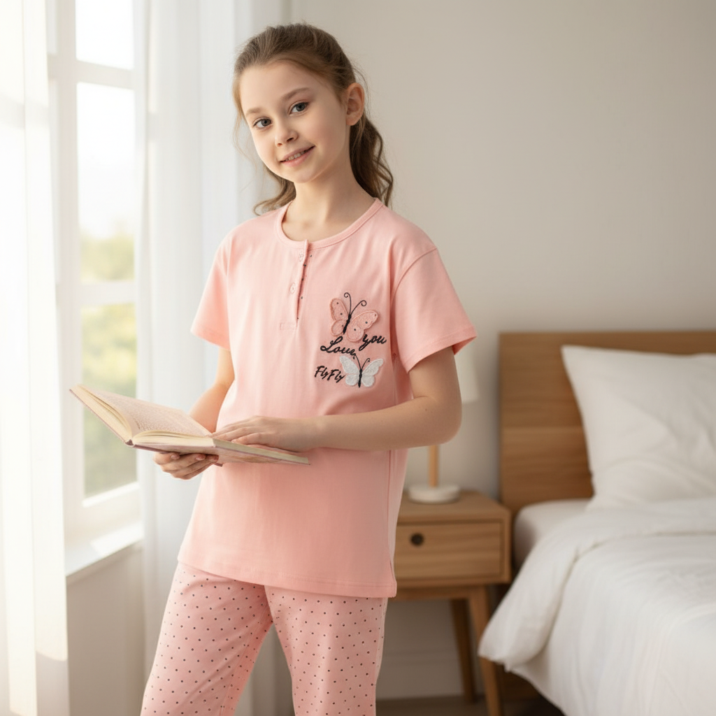 Girls 100% Cotton Pajama Set – Ultra Soft & Breathable Kids Sleepwear – Short Sleeve Top & Long Pants – Lightweight Comfortable PJs for Toddler & Big Girls
