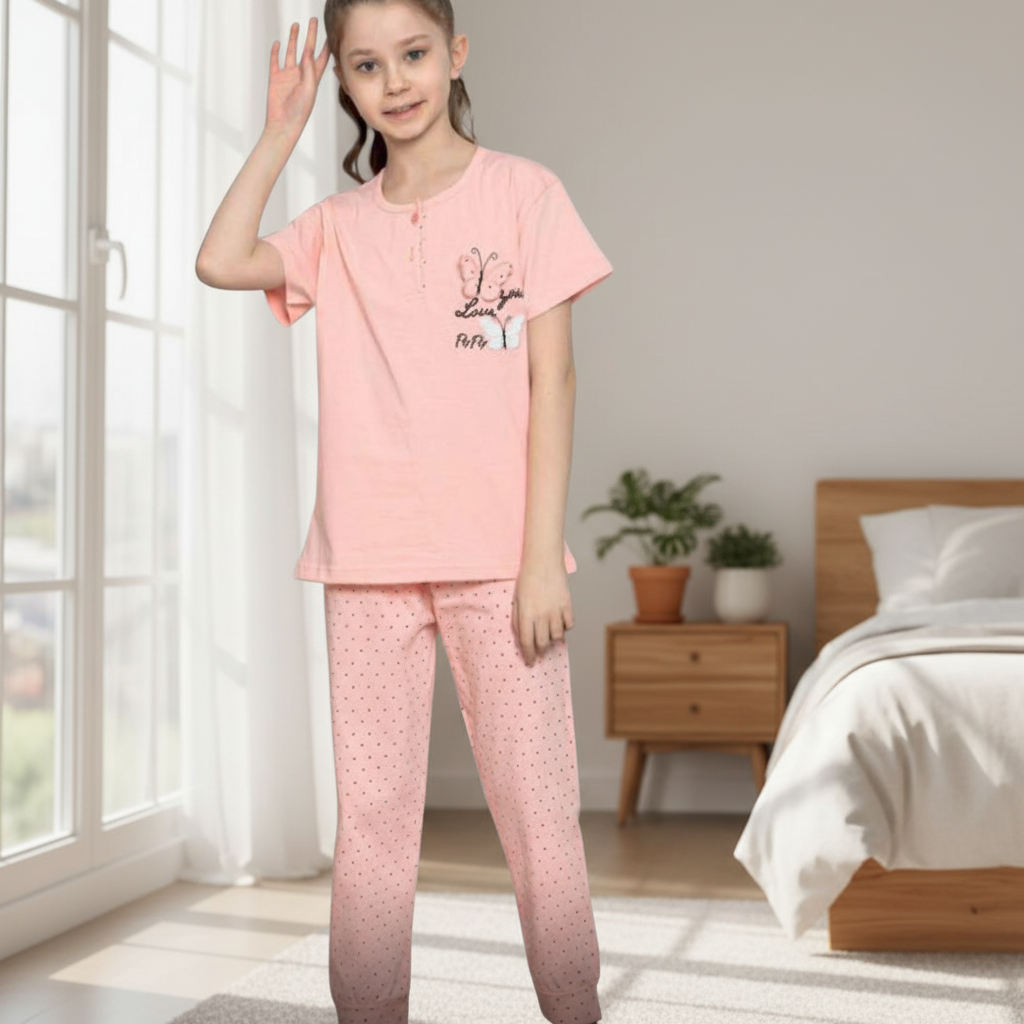 Girls 100% Cotton Pajama Set – Ultra Soft & Breathable Kids Sleepwear – Short Sleeve Top & Long Pants – Lightweight Comfortable PJs for Toddler & Big Girls