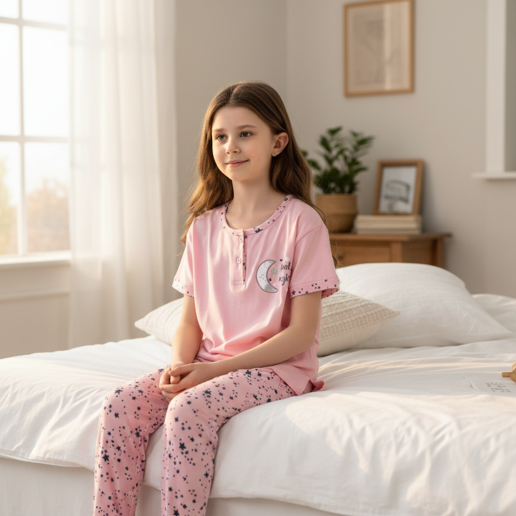 Girls 100% Cotton Pajama Set – Ultra Soft & Breathable Kids Sleepwear – Short Sleeve Top & Long Pants – Lightweight Comfortable PJs for Toddler & Big Girls