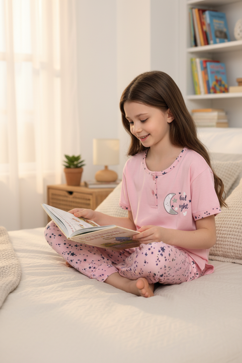 Girls 100% Cotton Pajama Set – Ultra Soft & Breathable Kids Sleepwear – Short Sleeve Top & Long Pants – Lightweight Comfortable PJs for Toddler & Big Girls