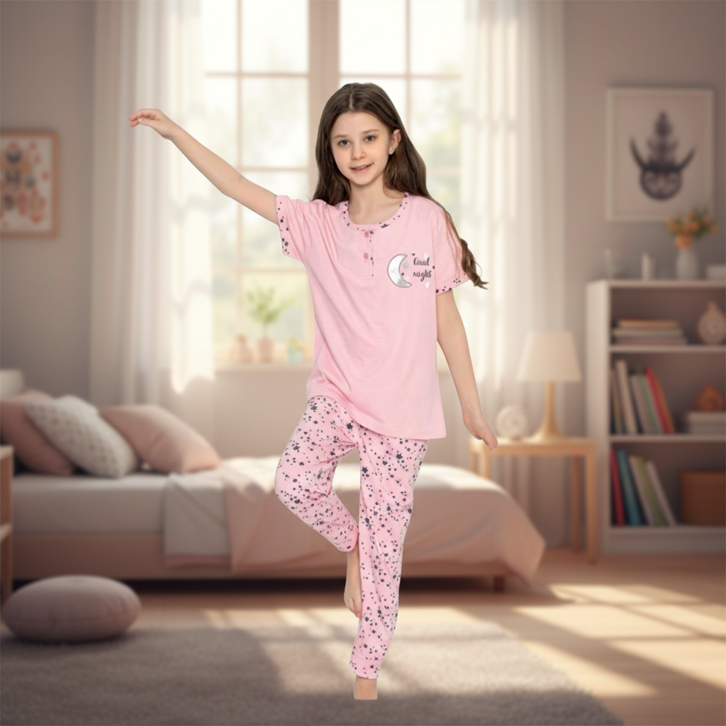 Girls 100% Cotton Pajama Set – Ultra Soft & Breathable Kids Sleepwear – Short Sleeve Top & Long Pants – Lightweight Comfortable PJs for Toddler & Big Girls