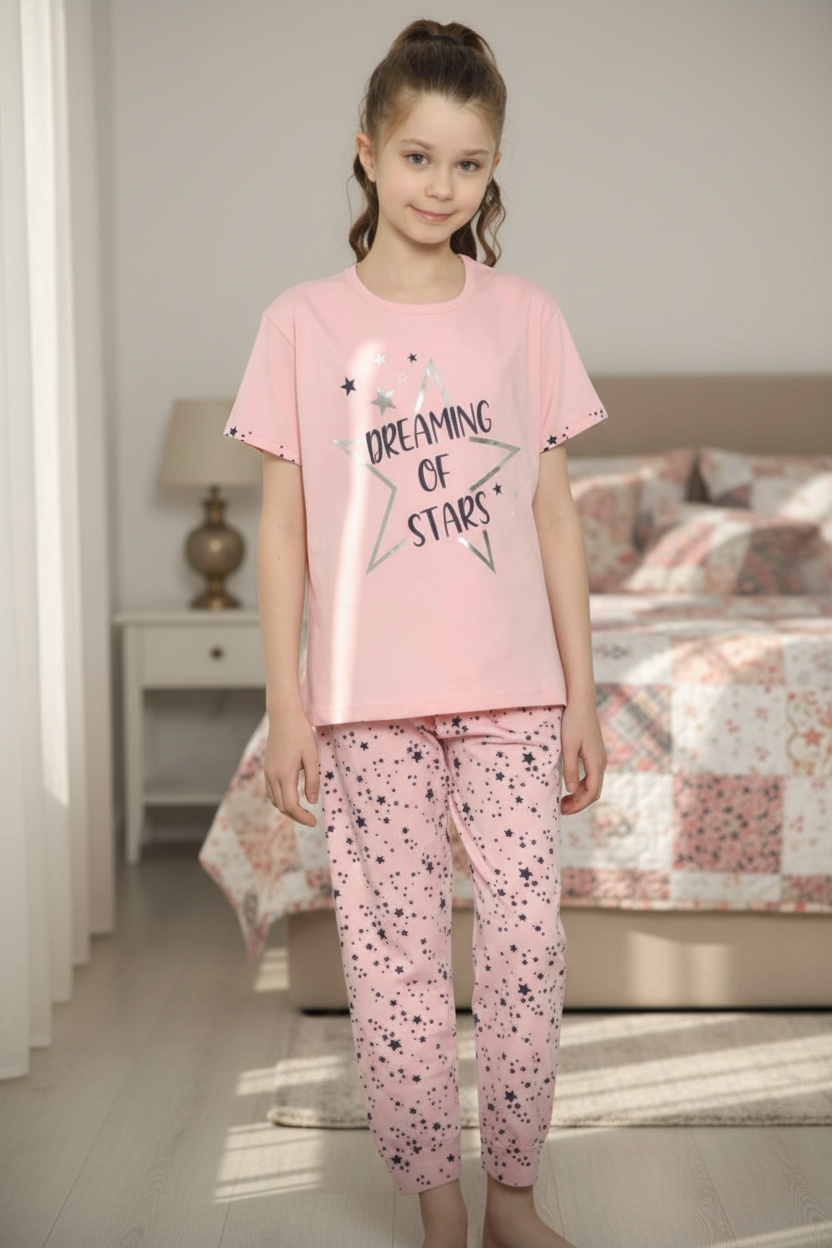 Girls 100% Cotton Pajama Set – Ultra Soft & Breathable Kids Sleepwear – Short Sleeve Top & Long Pants – Lightweight Comfortable PJs for Toddler & Big Girls