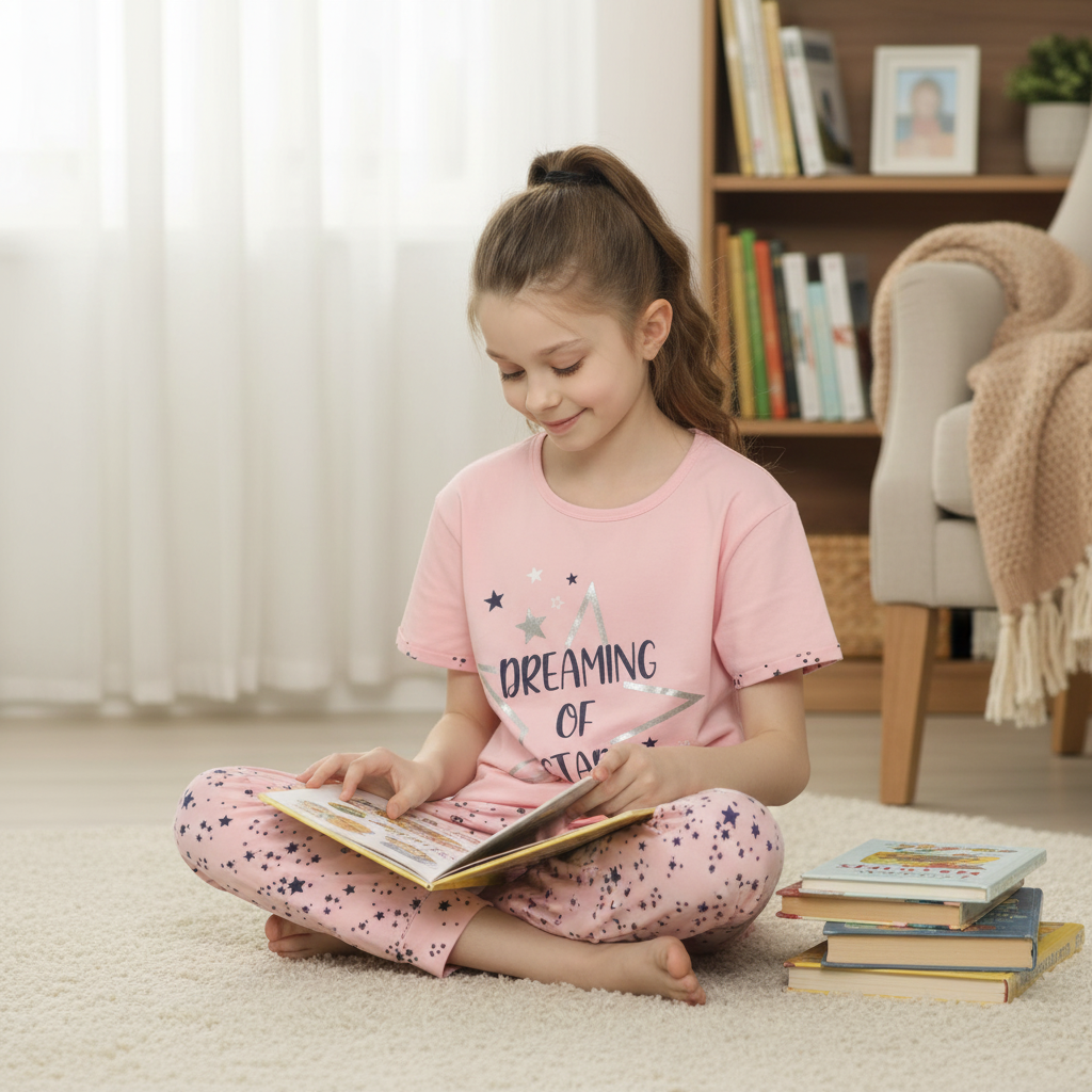 Girls 100% Cotton Pajama Set – Ultra Soft & Breathable Kids Sleepwear – Short Sleeve Top & Long Pants – Lightweight Comfortable PJs for Toddler & Big Girls