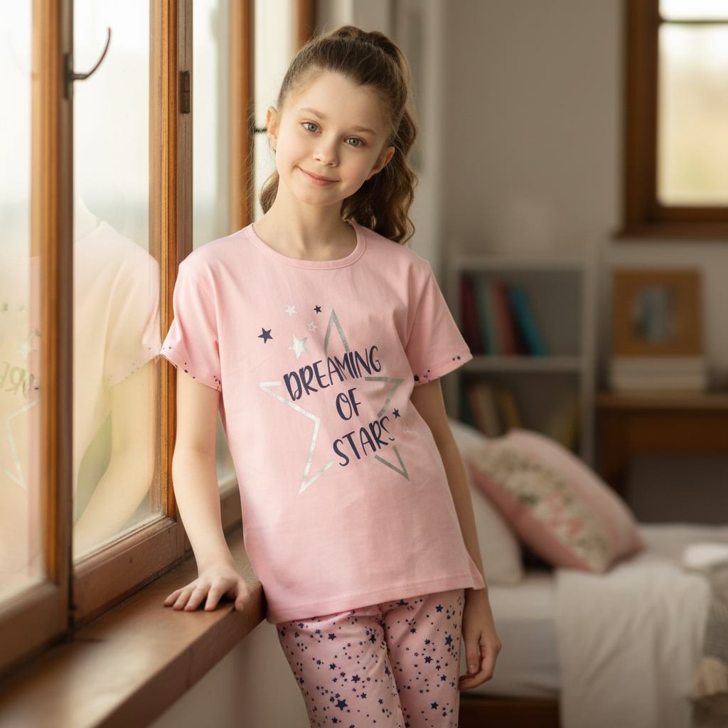 Girls 100% Cotton Pajama Set – Ultra Soft & Breathable Kids Sleepwear – Short Sleeve Top & Long Pants – Lightweight Comfortable PJs for Toddler & Big Girls