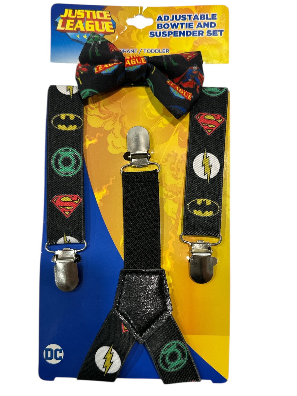 JUSTICE LEAGUE BATMAN SUPERMAN FLASH ADJUSTABLE BOWTIE AND SUSPENDER SET