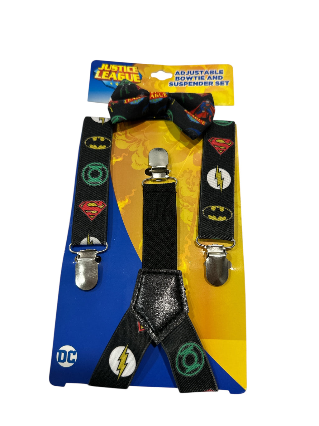 JUSTICE LEAGUE BATMAN SUPERMAN FLASH ADJUSTABLE BOWTIE AND SUSPENDER SET