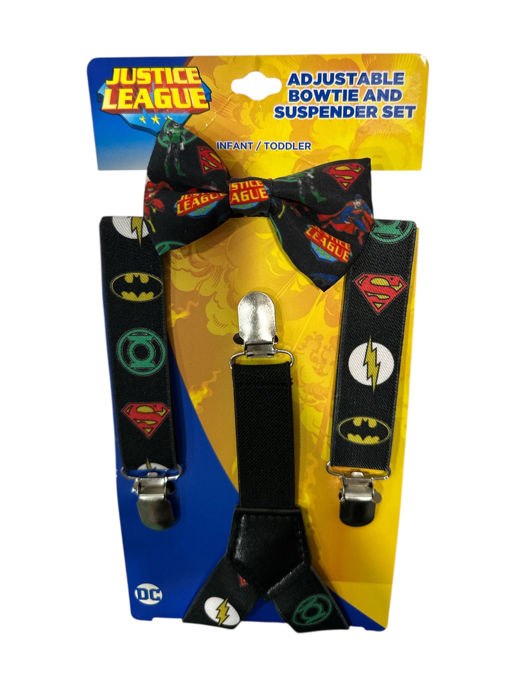 JUSTICE LEAGUE BATMAN SUPERMAN FLASH ADJUSTABLE BOWTIE AND SUSPENDER SET