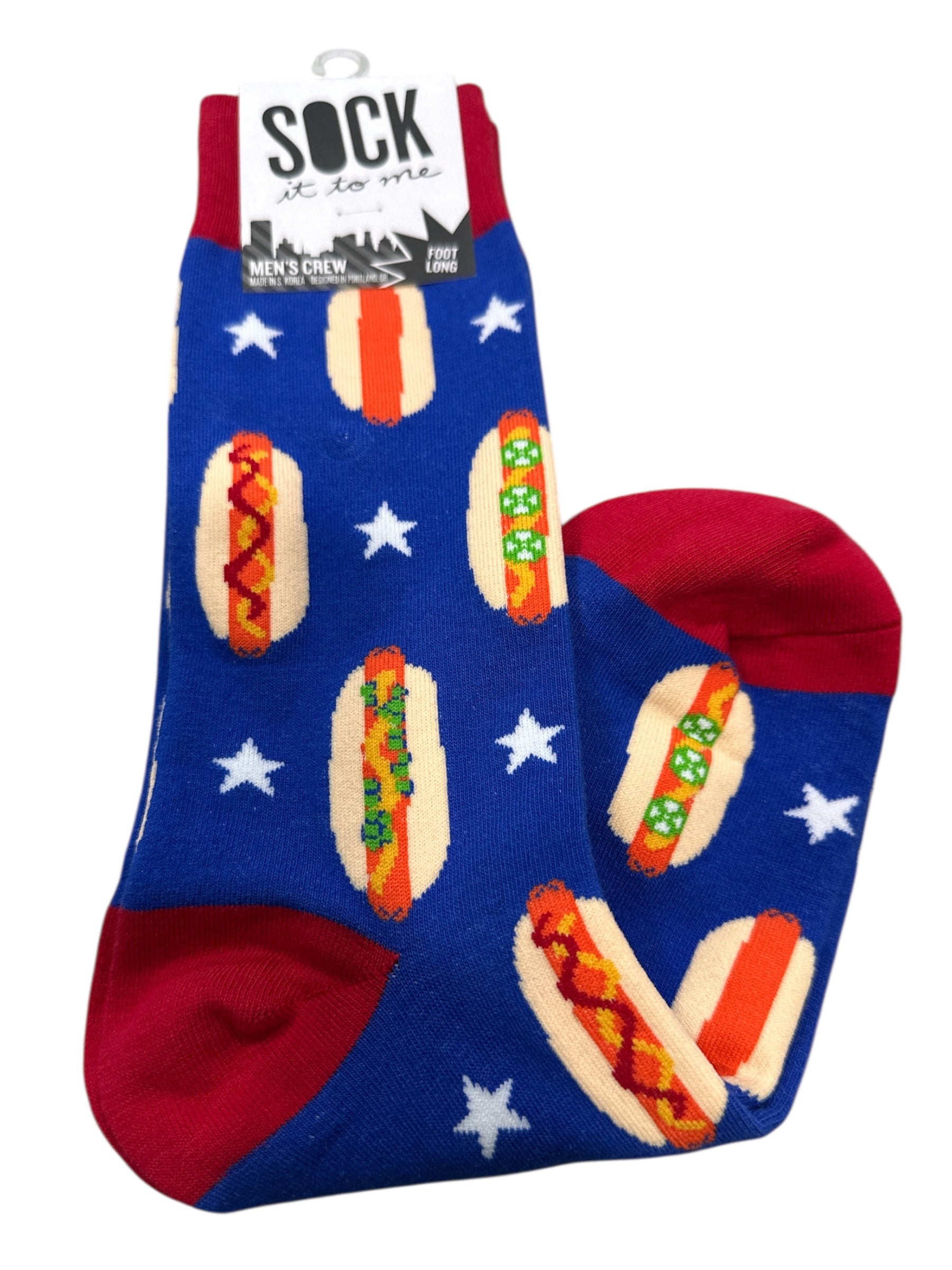 Men’s Foot Long Crew Socks, Fun Hot Dog Pattern Socks for Men, Colorful Novelty Socks, Soft & Comfortable Casual Dress Socks