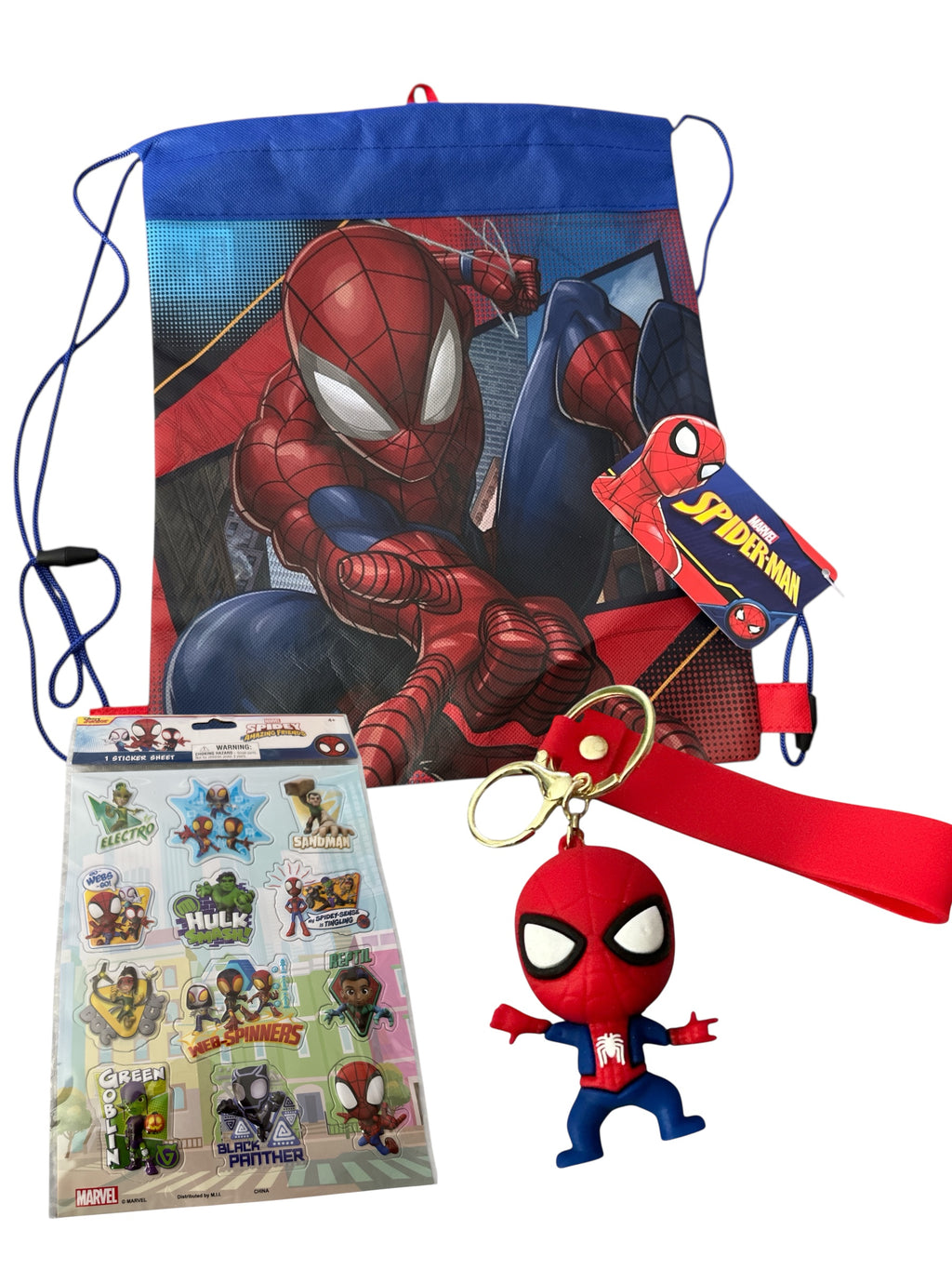 Spider-Man Themed Kids Combo Set – Drawstring Backpack + Sticker Sheet + Silicone Keychain, 3-Piece Gift Set